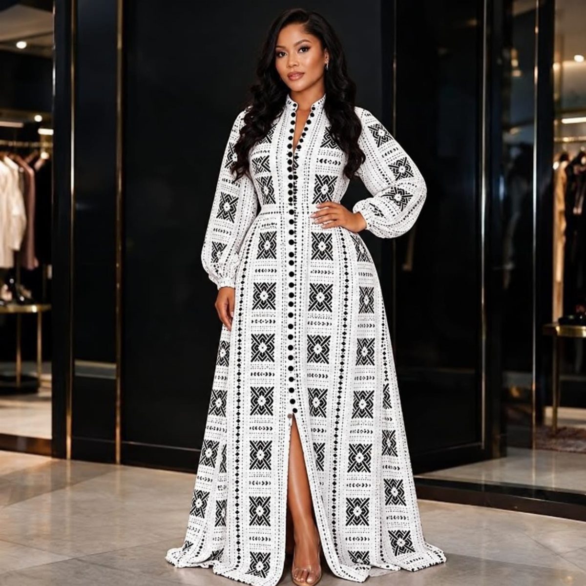 Woman wearing a white and black patterned long-sleeved maxi dress in a luxury boutique.