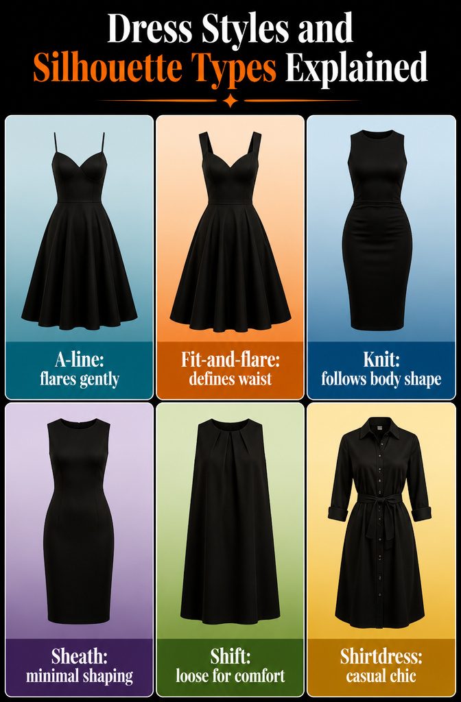 Black Cocktail Attire Dress: Flattering, Versatile & Timeless 10 An information image explaining different dress styles and silhouettes.