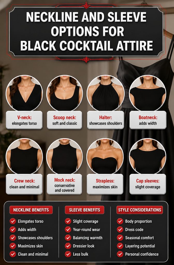 Black Cocktail Attire Dress: Flattering, Versatile & Timeless 9 An information image displaying various neckline and sleeve options.