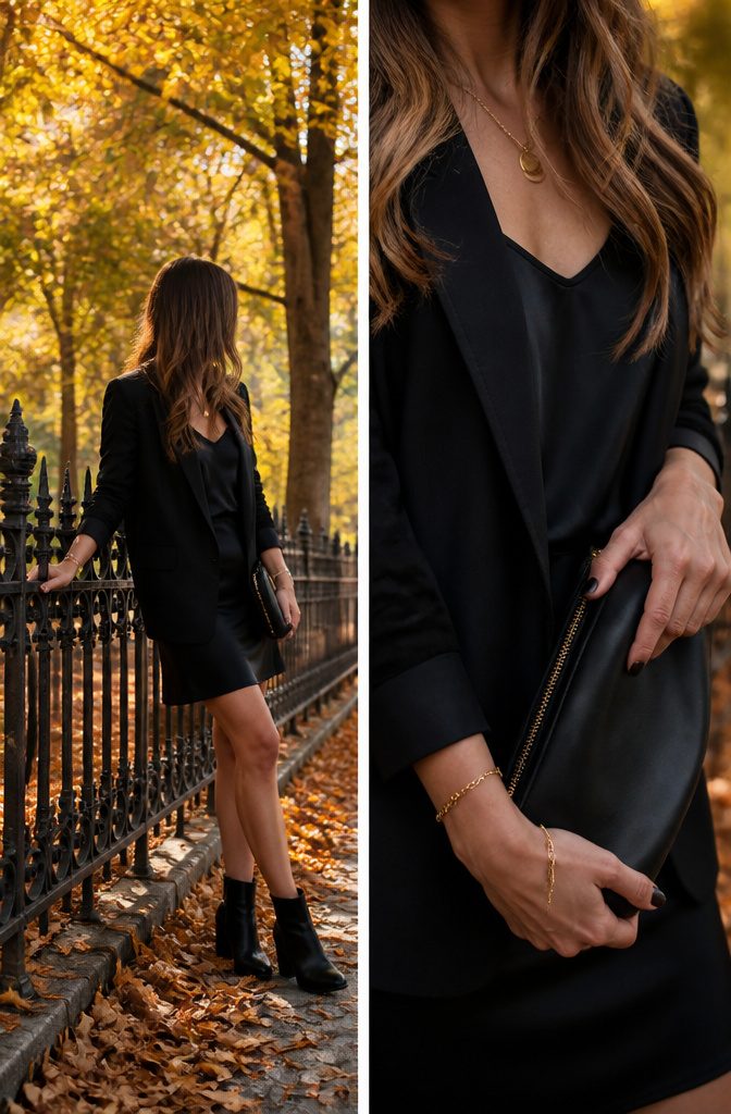 Black Cocktail Attire Dress: Flattering, Versatile & Timeless 6 A black cocktail dress styled for different seasons with various outerwear.