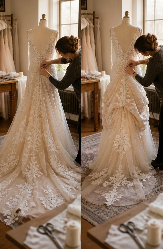 Seamstress attaching bustle elements to a wedding gown.