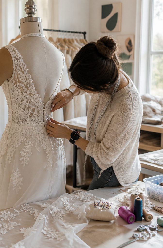 Seamstress adding embellishments to a classic wedding gown.