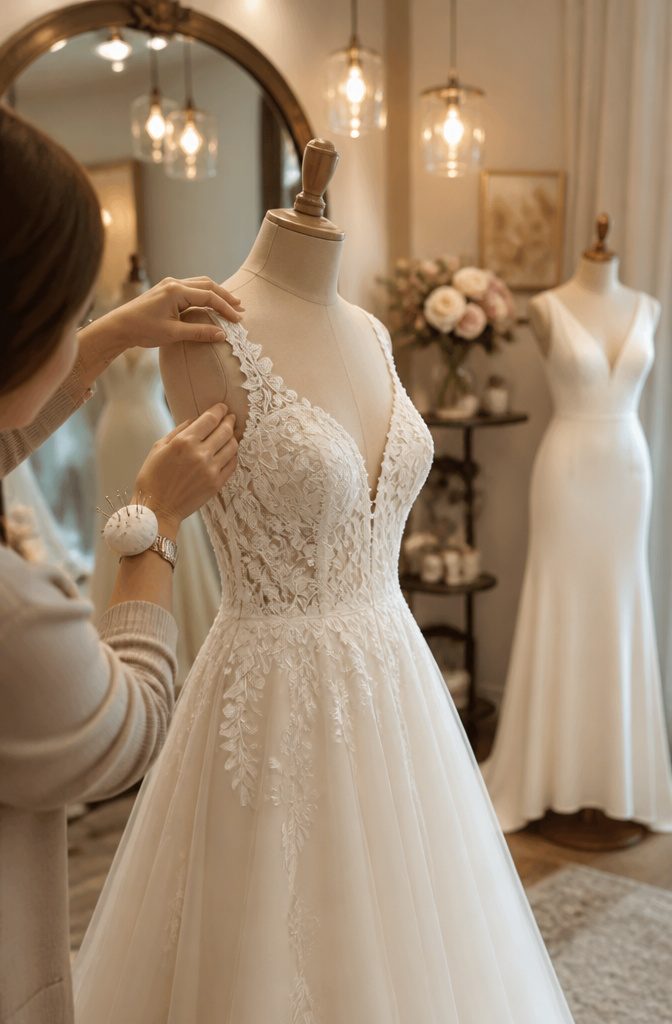 Seamstress altering the straps of a wedding dress.