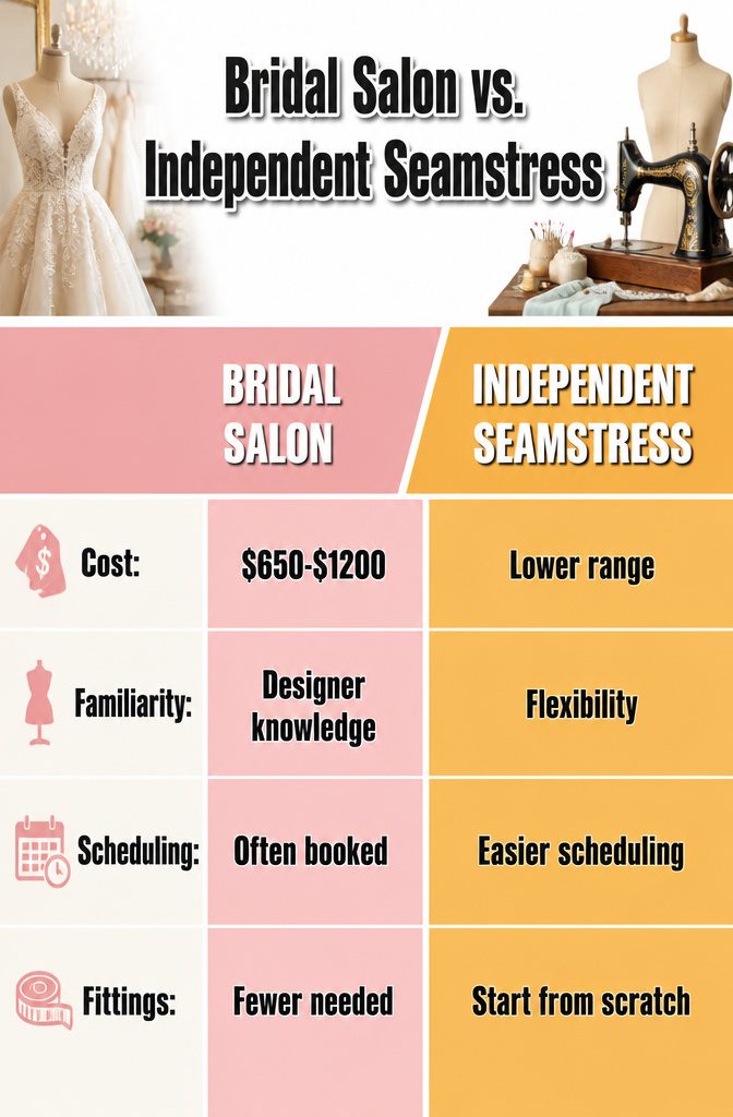 Comparison image between bridal salon and independent seamstress.