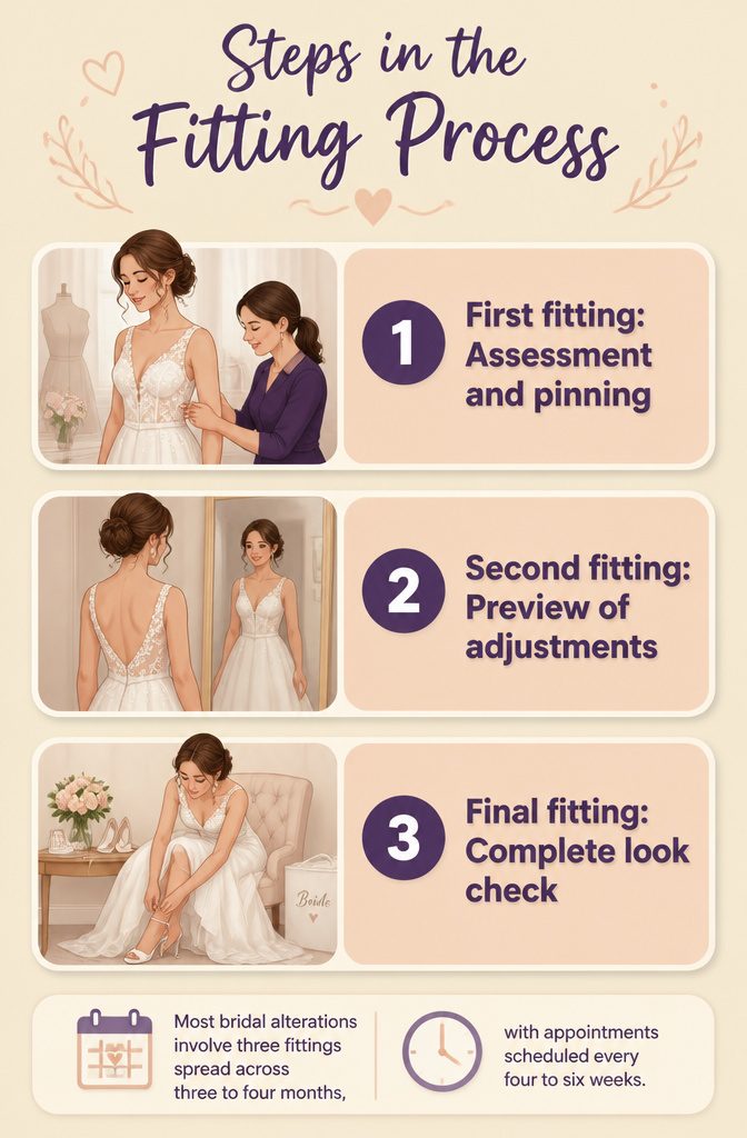 Information image detailing the fitting process for bridal alterations.