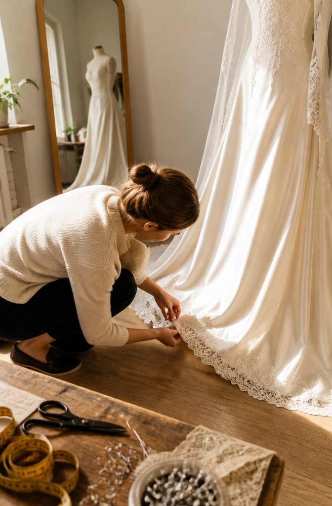 Seamstress crouching beside a lace gown to adjust its hem.