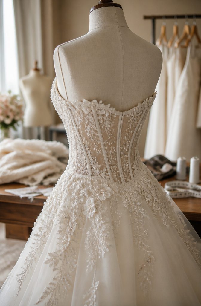 Seamstress adjusting the bodice and waist of a wedding dress.