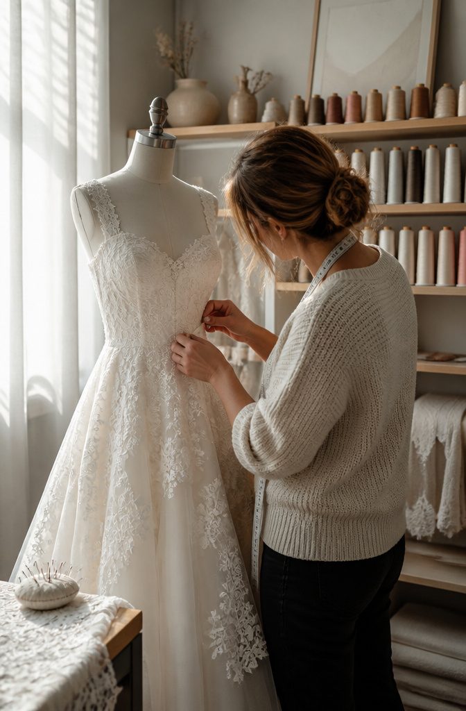 Seamstress examining a lace and satin wedding gown on a fitting form.