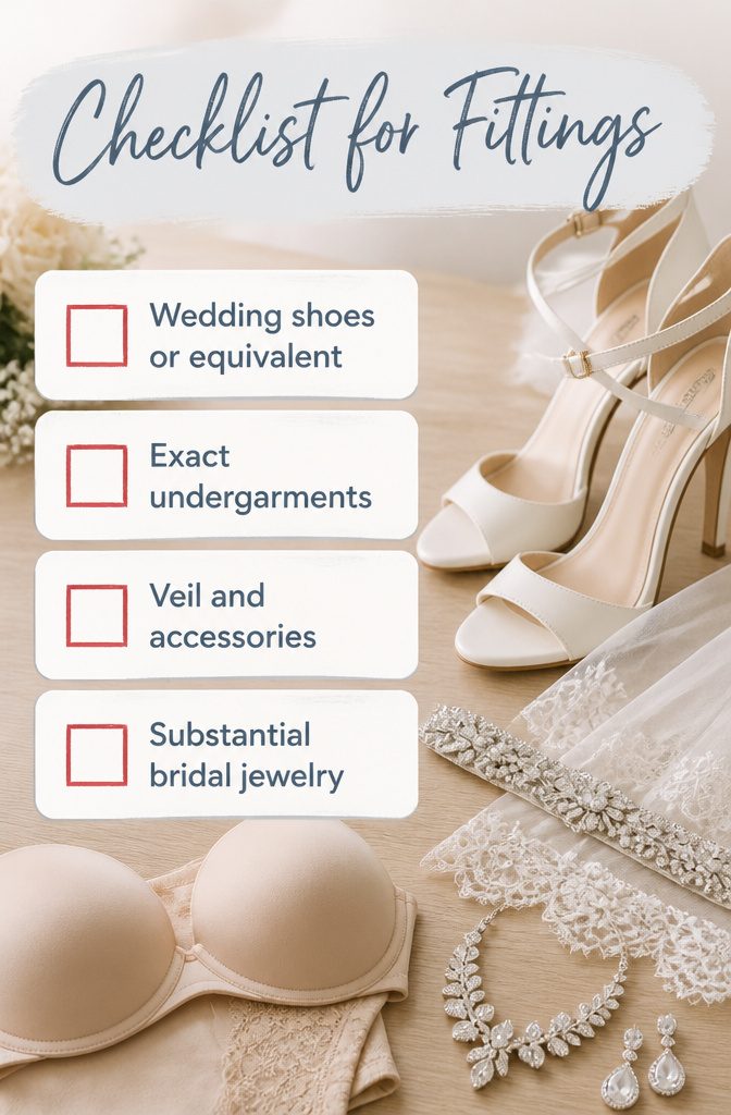 Checklist for items to bring to bridal fittings.