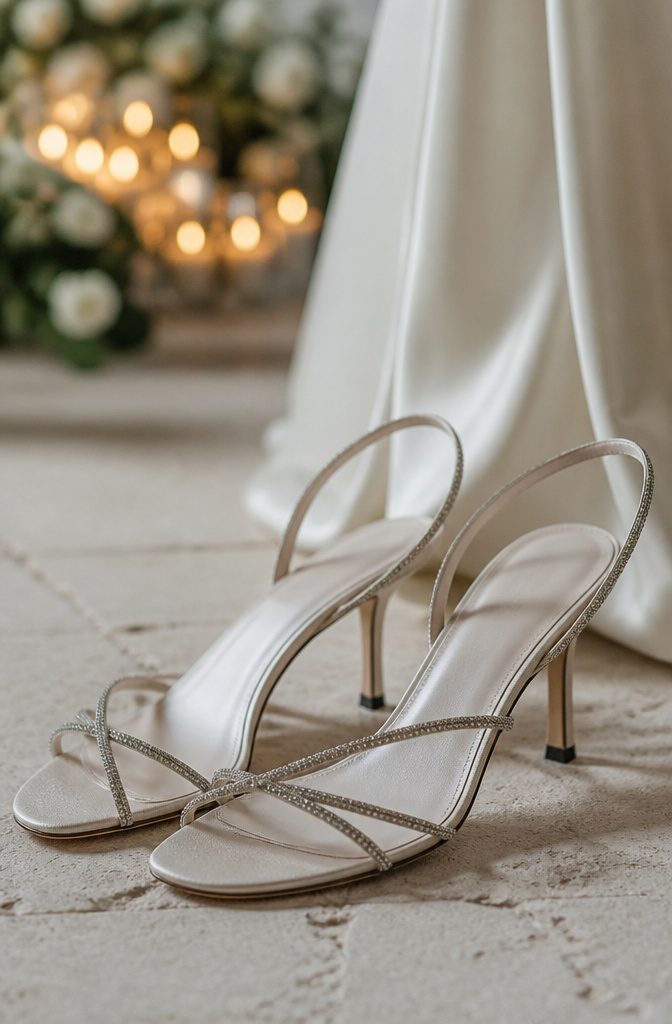 Carolyn Bessette's Manolo Blahnik sandals with crystal beading on a textured surface.