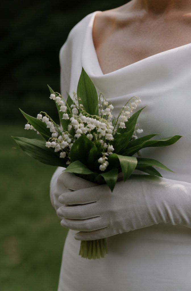 Lily of the valley bouquet held by Carolyn Bessette.
