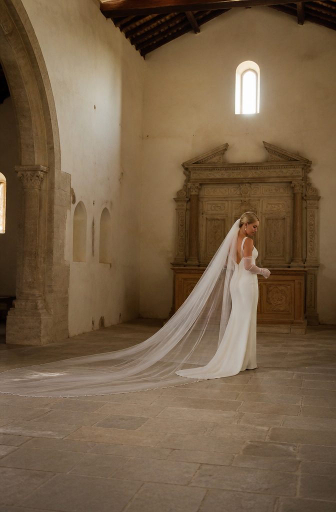 Long silk-tulle veil and sheer-mesh gloves worn by Carolyn Bessette.