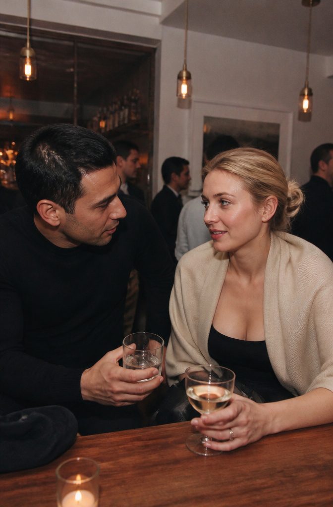 Narciso Rodriguez and Carolyn Bessette-Kennedy at a bar, sharing drinks.