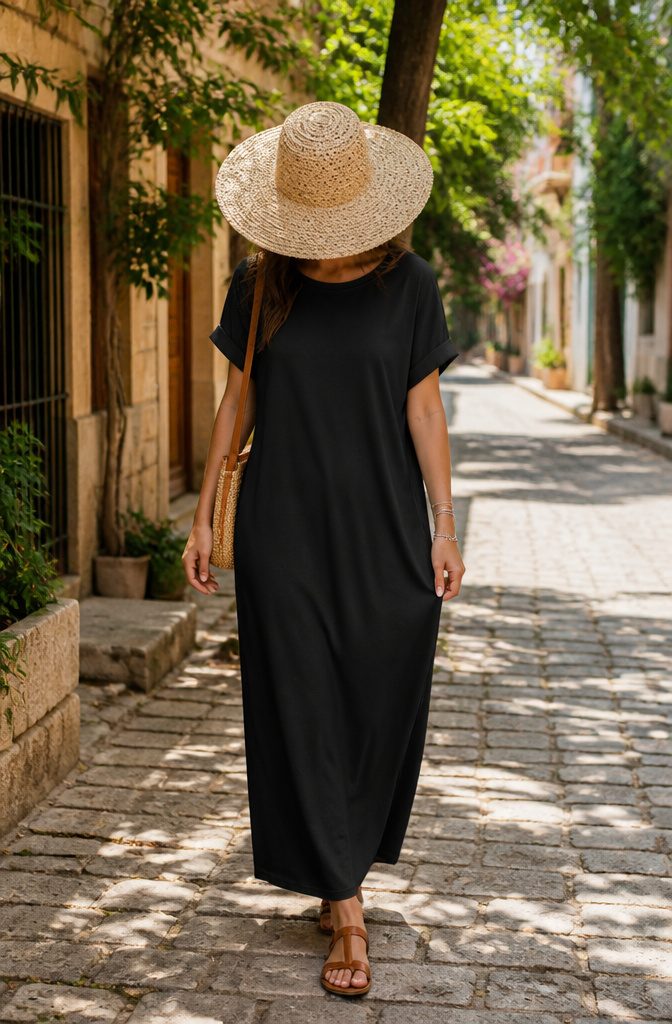 An ANRABESS black loose t-shirt dress displayed on a mannequin.
