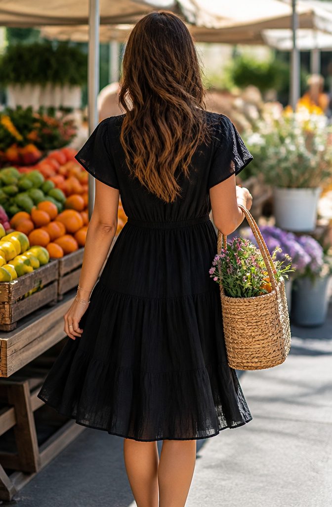 A BTFBM black dress with a high elastic waistband on a mannequin.