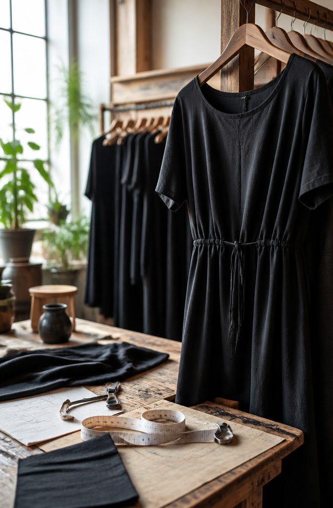 Casual black dresses made from rayon, cotton, and jersey hanging on racks.