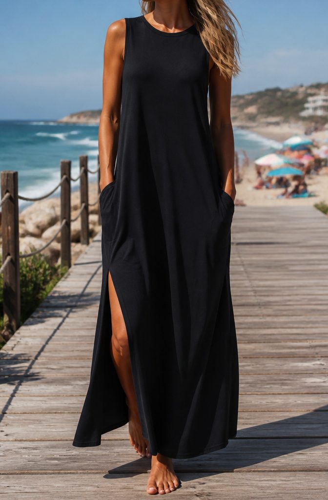 A GRECERELLE black maxi dress with pockets on a mannequin.