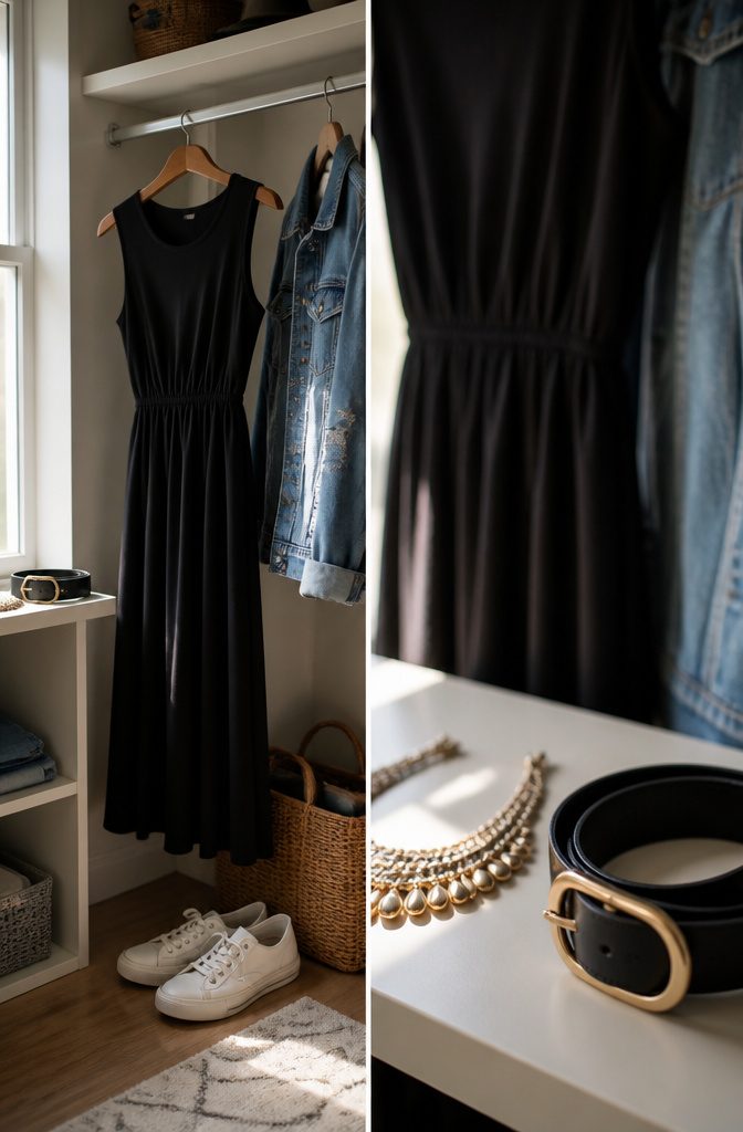 Casual black dress styled with sneakers and layered accessories.