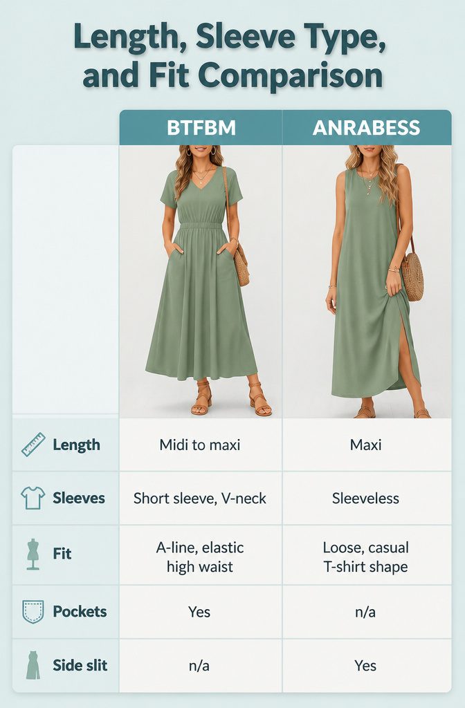 An information graphic comparing dress lengths, sleeve types, and fits.