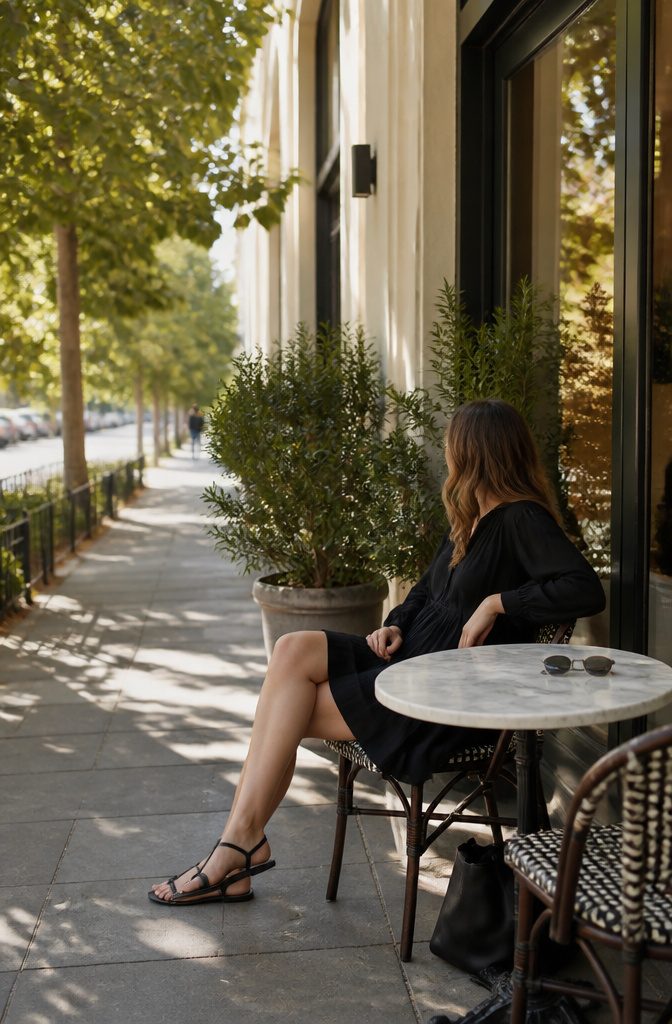 A casual black dress hanging on a rack.