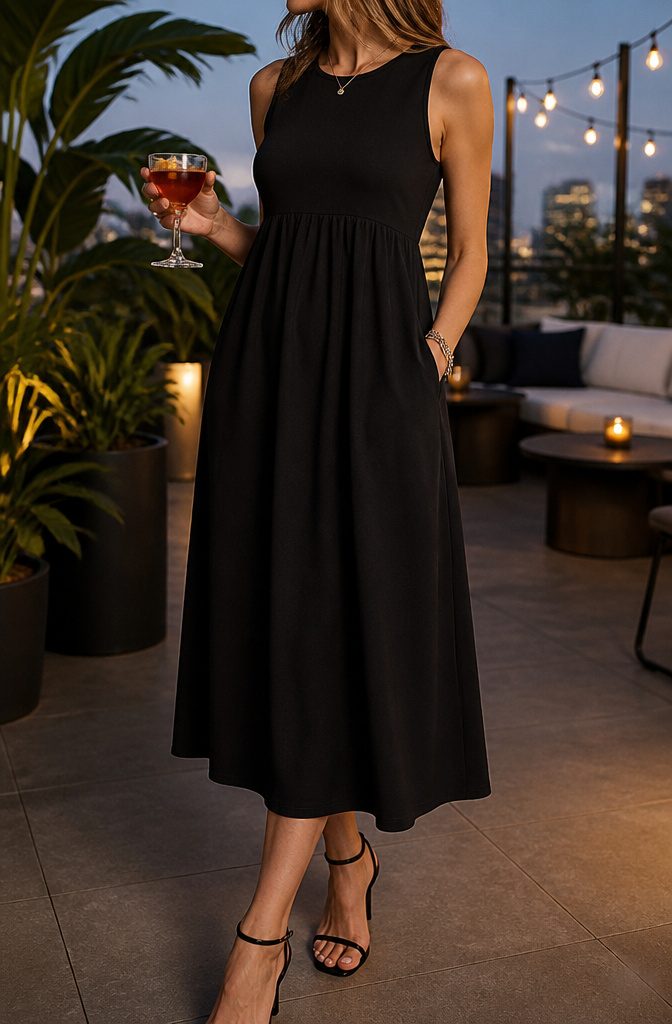 A WIHOLL black sleeveless midi dress displayed on a mannequin.