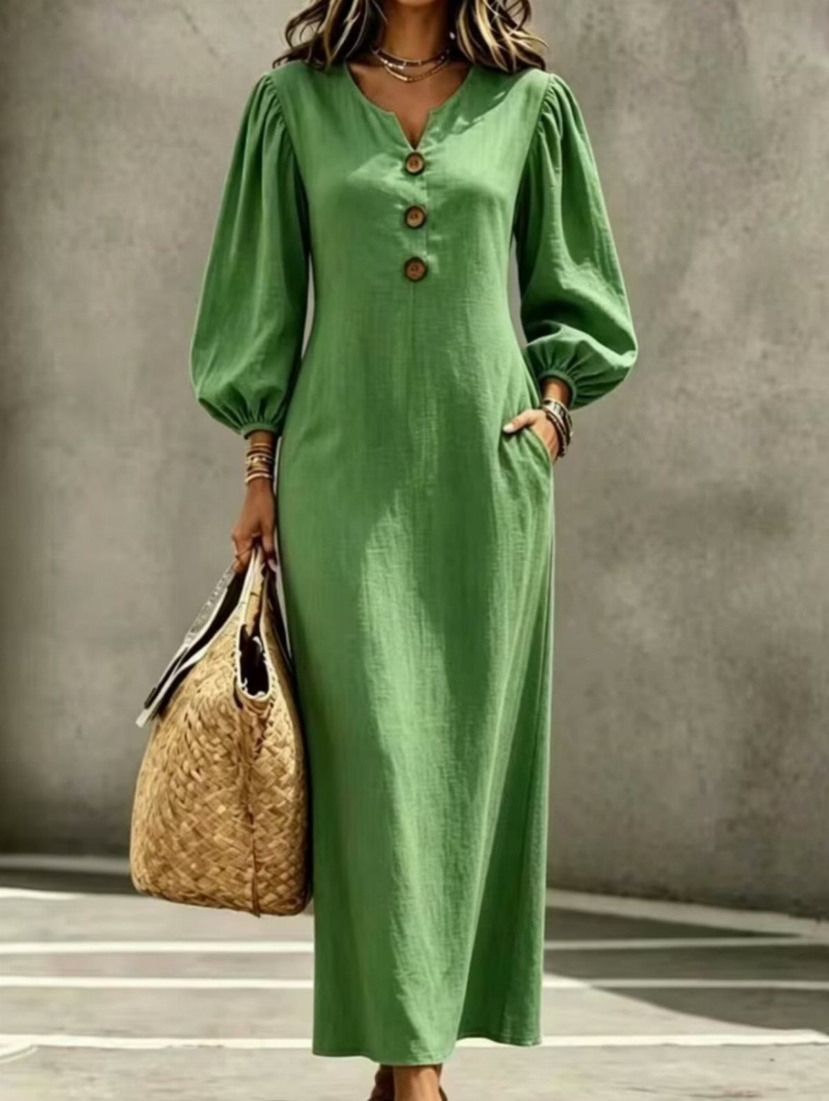 Woman wearing a long green linen button-front dress and carrying a straw bag.