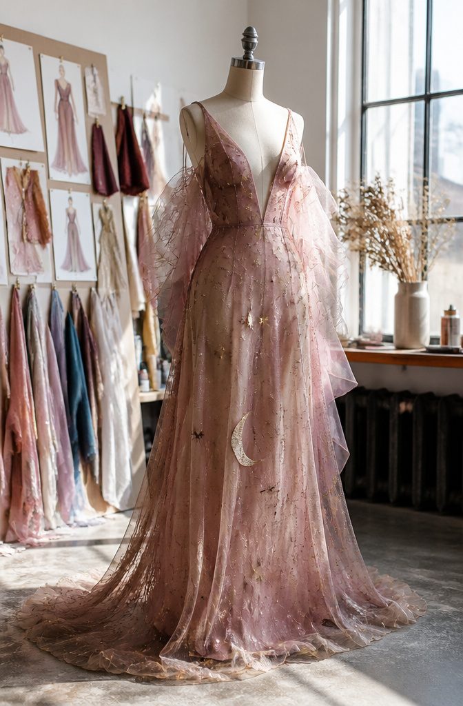 Chappell Roan's sheer gown on a mannequin in a fashion studio.
