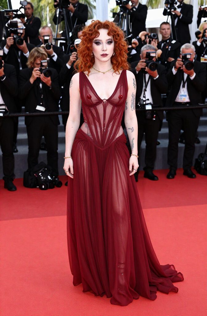 Chappell Roan wearing a sheer deep red Mugler gown with nipple ring prosthetics.