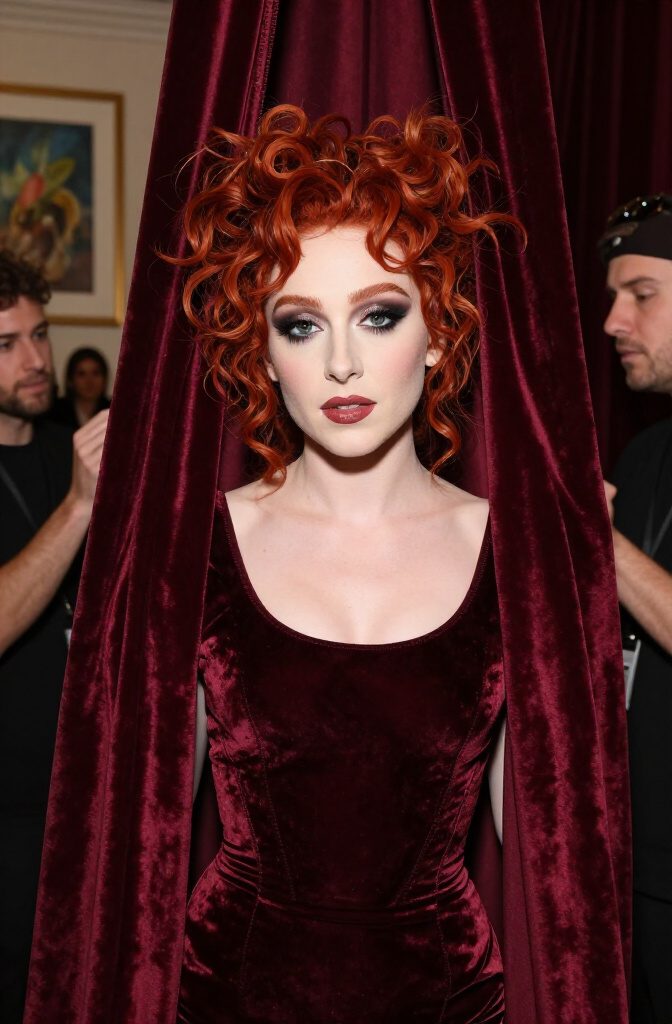 Chappell Roan with smoky eye makeup and a nude-red lip.