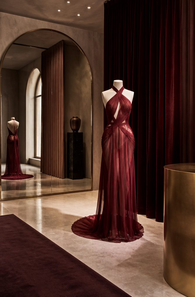 Close-up of the draped piercing georgette fabric of Roan's gown.