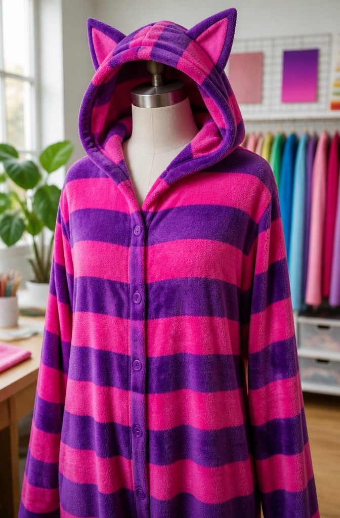 13 Cheshire Cat Dress Costume Types for Every Style 1 Adult Cheshire Cat onesie with purple and pink stripes.