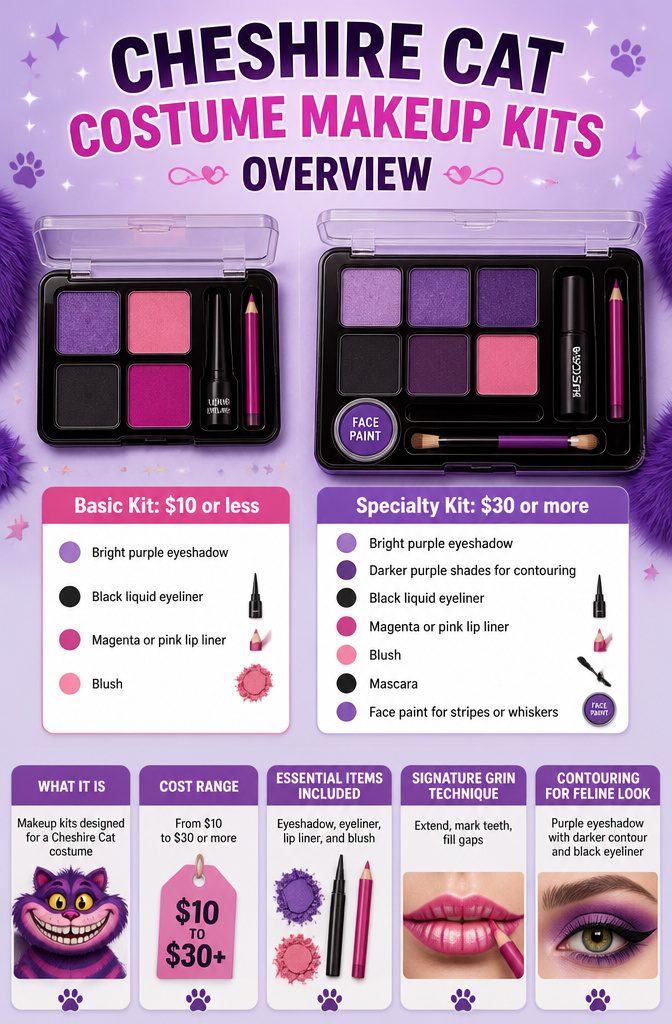 13 Cheshire Cat Dress Costume Types for Every Style 11 Cheshire Cat costume makeup kit with purple and pink shades.