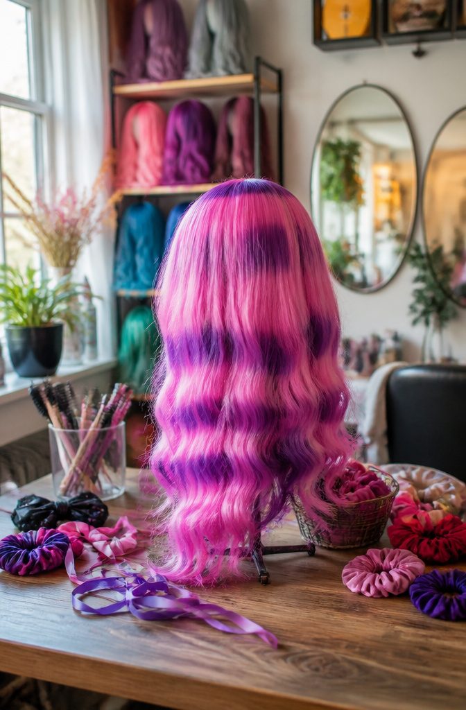 13 Cheshire Cat Dress Costume Types for Every Style 12 Cheshire Cat wig in pink and purple stripes.