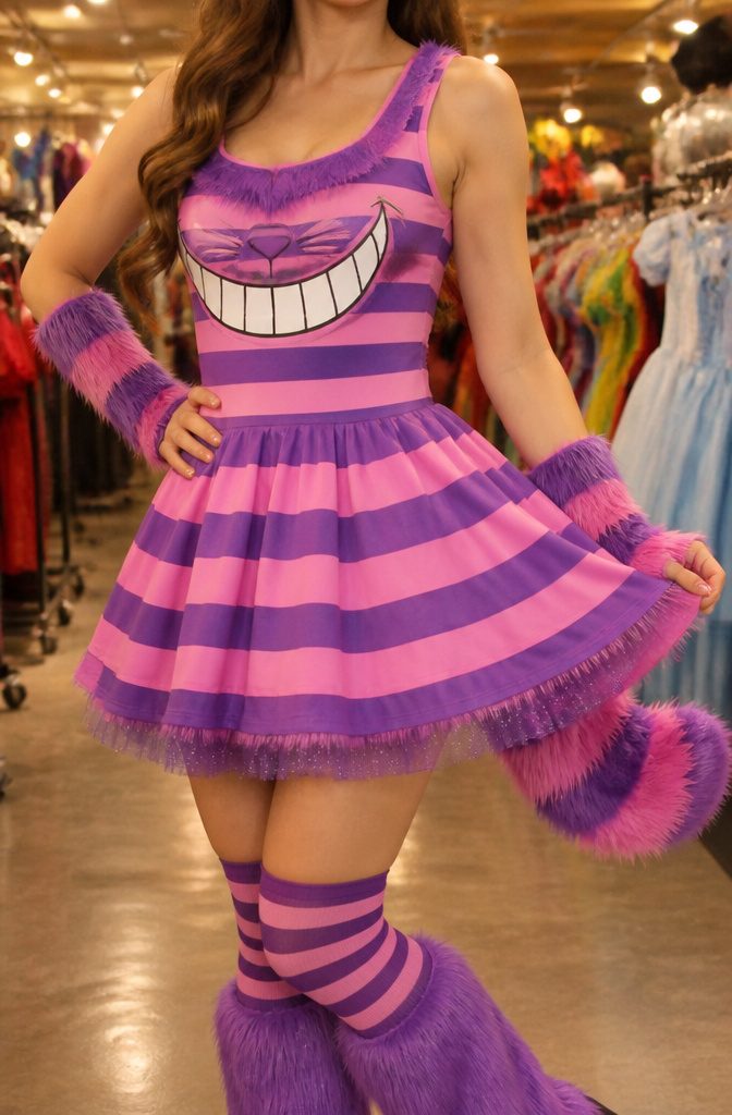 13 Cheshire Cat Dress Costume Types for Every Style 5 Disney Cheshire Cat women's costume dress in purple and pink.