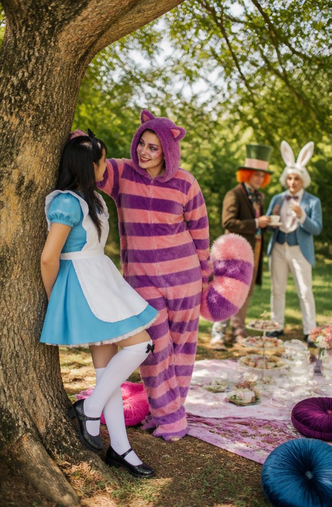 13 Cheshire Cat Dress Costume Types for Every Style 16 Alice and the Cheshire Cat in a whimsical park setting.