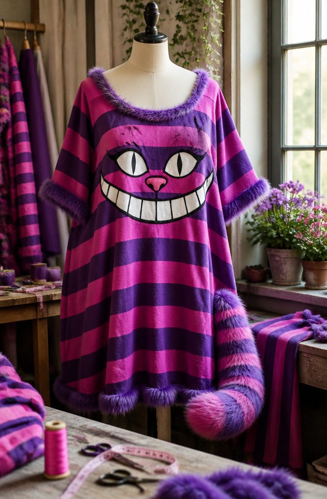 13 Cheshire Cat Dress Costume Types for Every Style 7 Plus size Cheshire Cat women's costume dress with purple stripes.