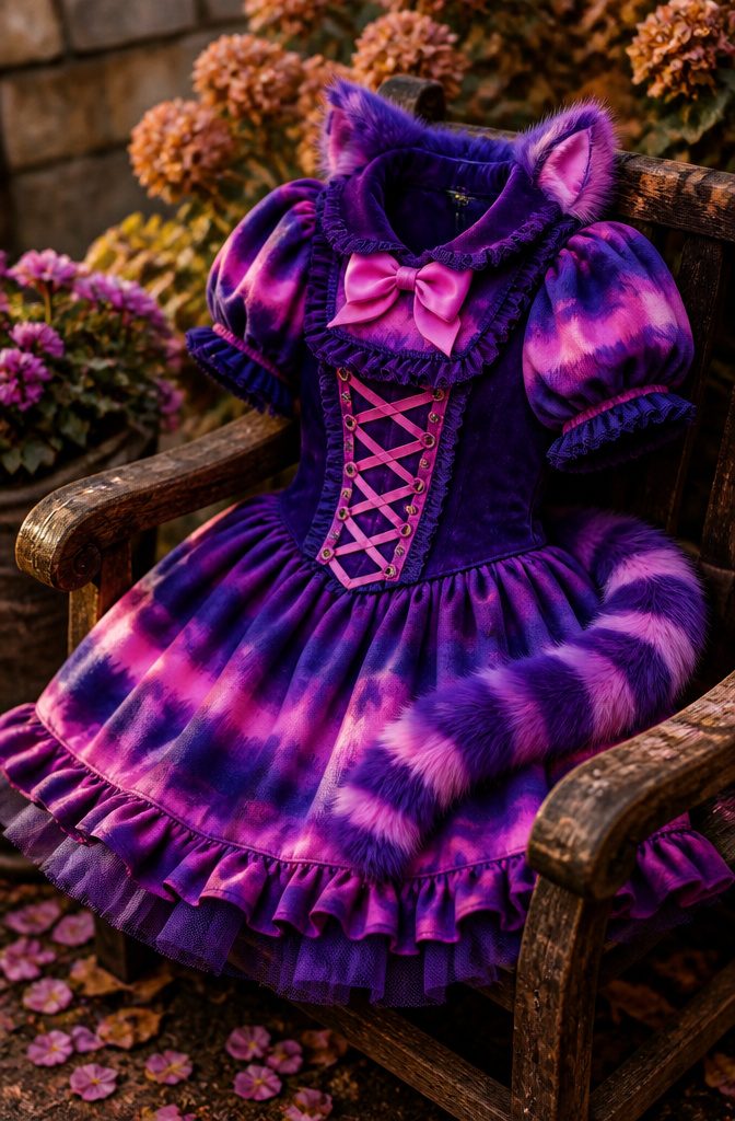 13 Cheshire Cat Dress Costume Types for Every Style 2 Plus size women's sexy Wonderland Cat costume in purple and pink.
