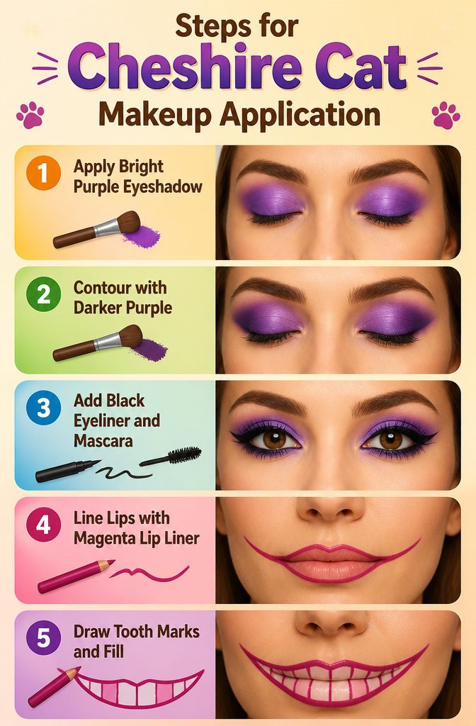 13 Cheshire Cat Dress Costume Types for Every Style 15 Steps for applying Cheshire Cat costume makeup with purple and pink.