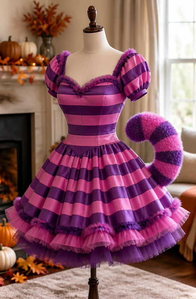 13 Cheshire Cat Dress Costume Types for Every Style 4 Women's Cheshire Cat costume dress with a hood and zip front.