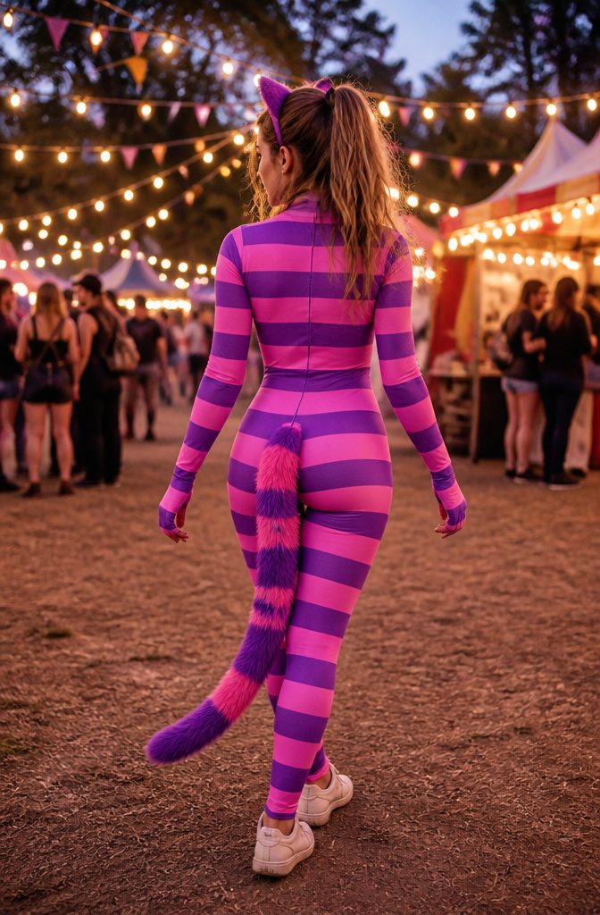13 Cheshire Cat Dress Costume Types for Every Style 3 Women's sexy Cheshire Cat bodysuit with purple and pink stripes.