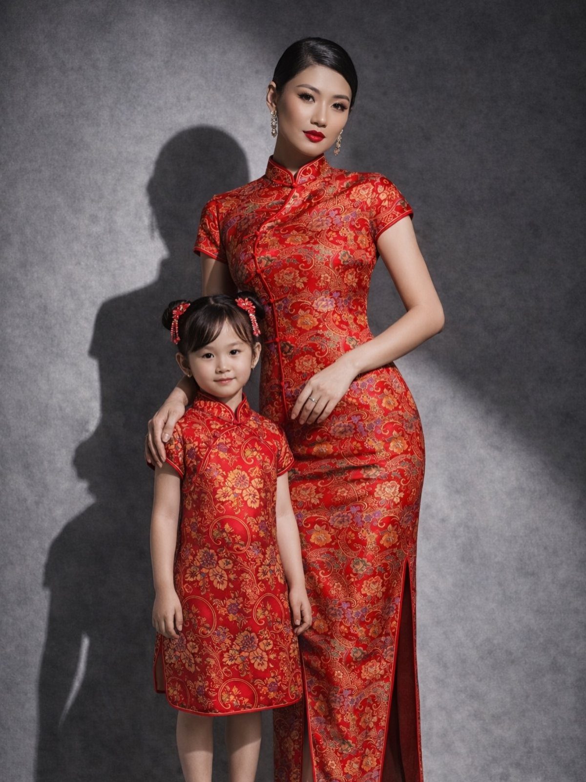 Woman and girl wearing matching red floral qipao dresses against a grey background.