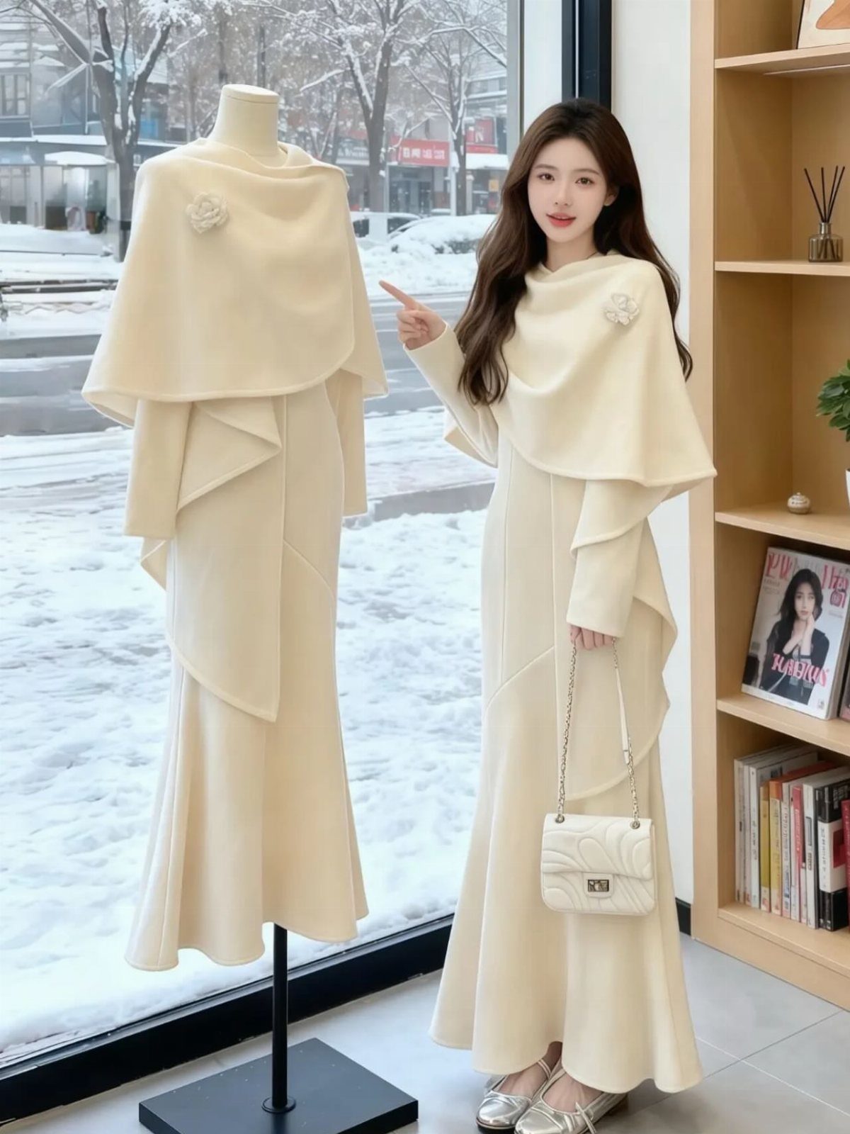 Classy Winter Dresses in 14 Timeless Styles 1 Woman and mannequin wearing cream winter dresses with capelets and floral details.
