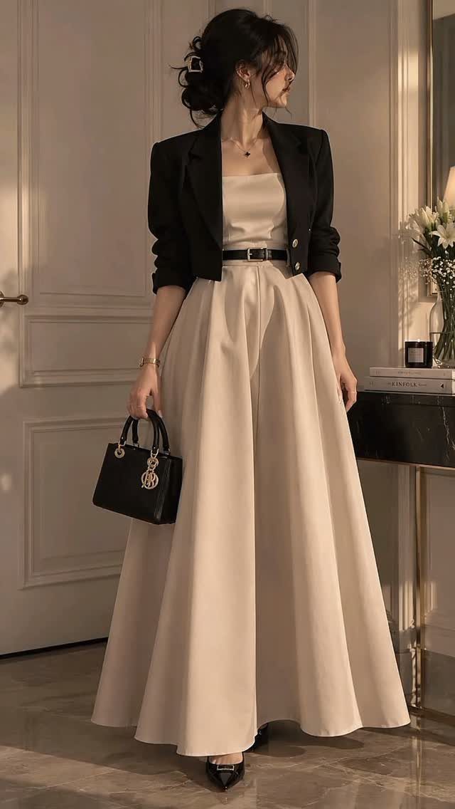Classy Winter Dresses in 14 Timeless Styles 11 Woman in a long cream dress and black cropped blazer holding a black handbag.