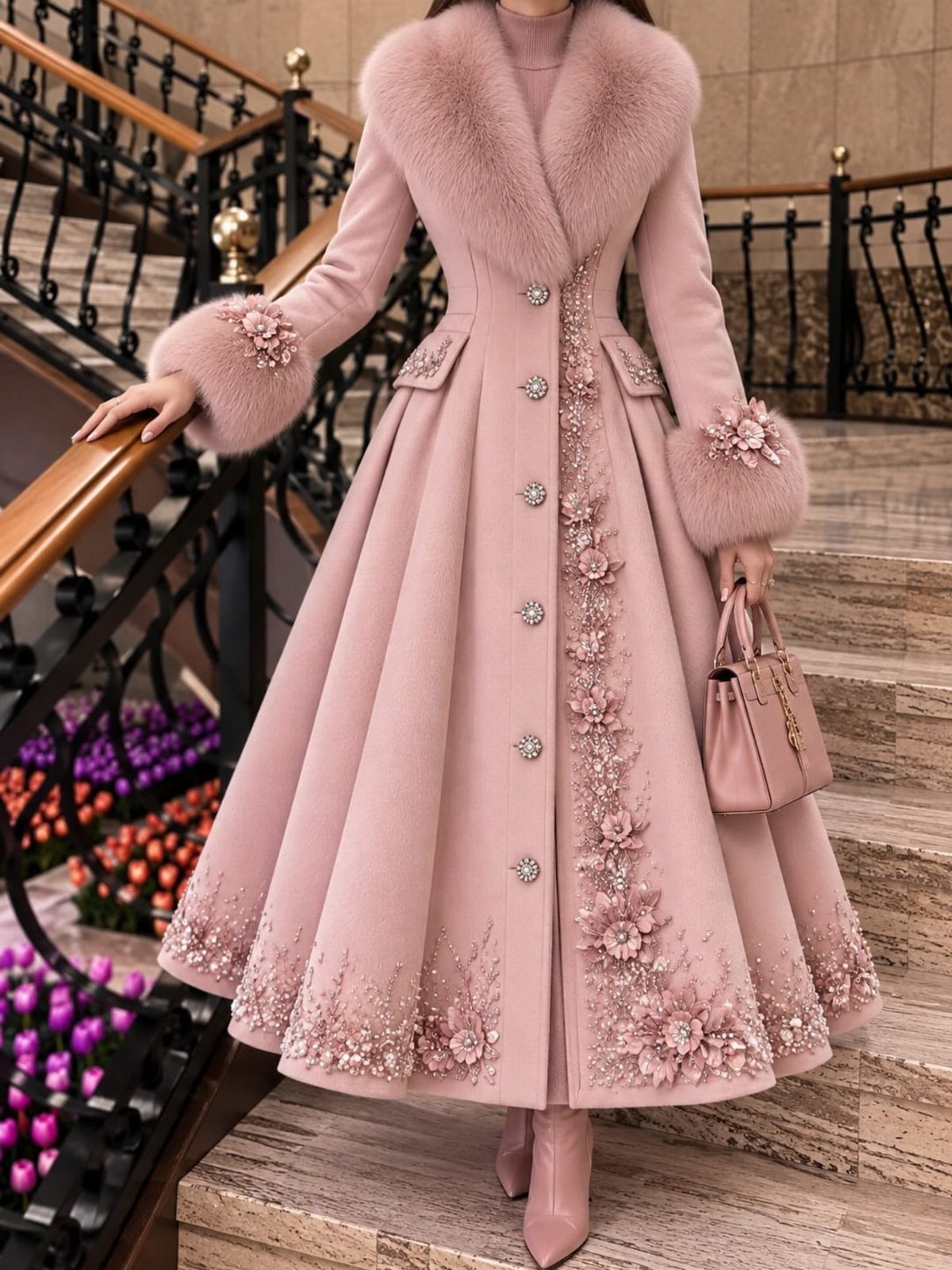 Classy Winter Dresses in 14 Timeless Styles 8 Person in a pink embroidered coat dress with fur collar and matching heels.