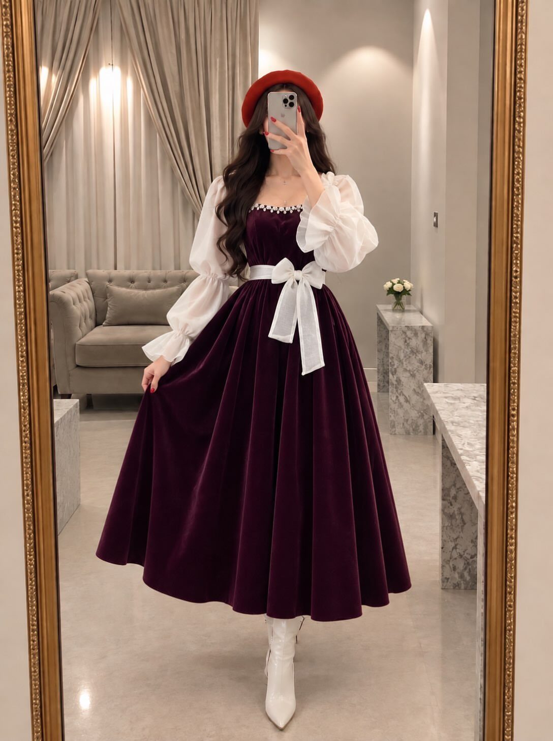 Classy Winter Dresses in 14 Timeless Styles 7 Burgundy velvet midi dress with white bow, white blouse, and red beret.