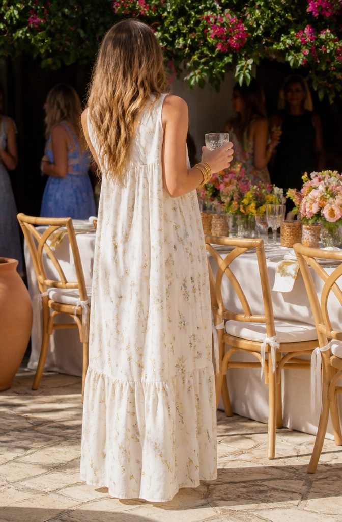 A model in a long cotton maxi dress at an outdoor event.