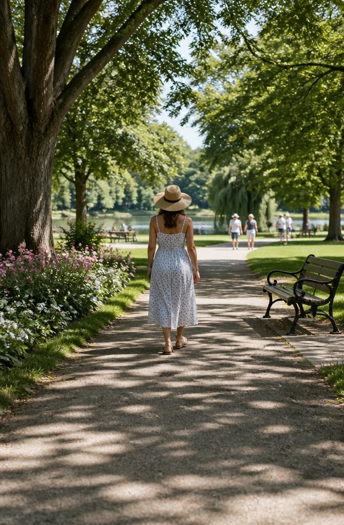 A cotton midi dress displayed outdoors in a sunny setting.