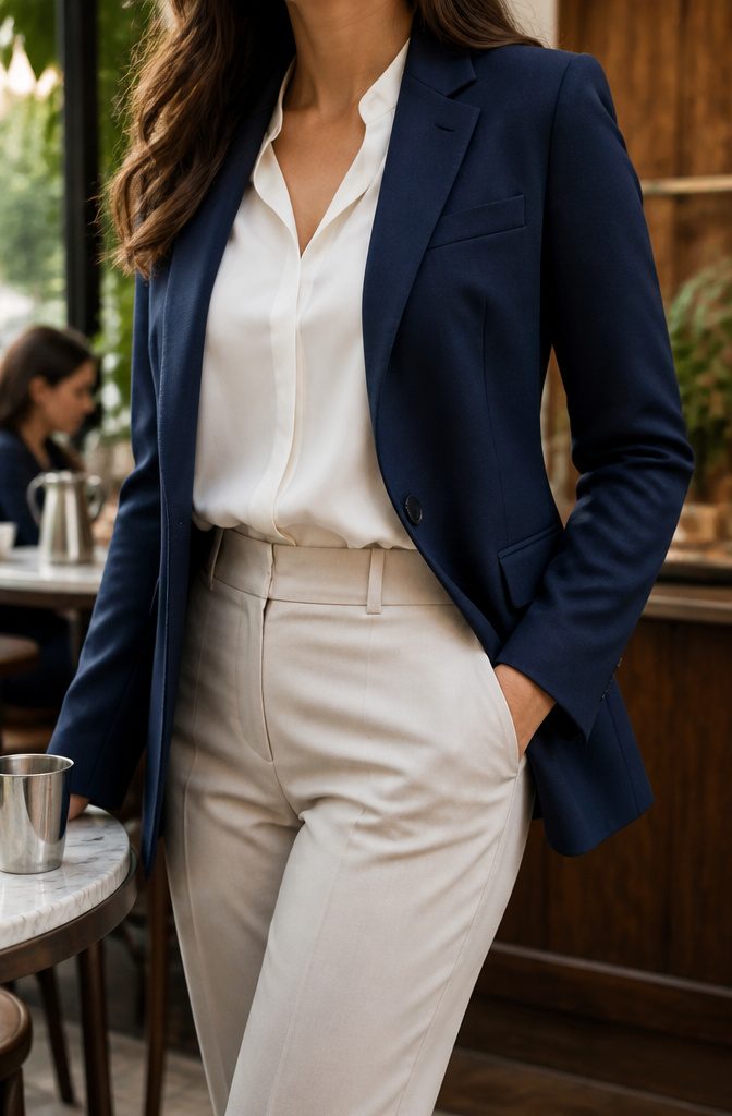 Smart Casual Dress Code: 9 Pieces That Work Every Time 2 A tailored blazer in a neutral color displayed on a hanger.