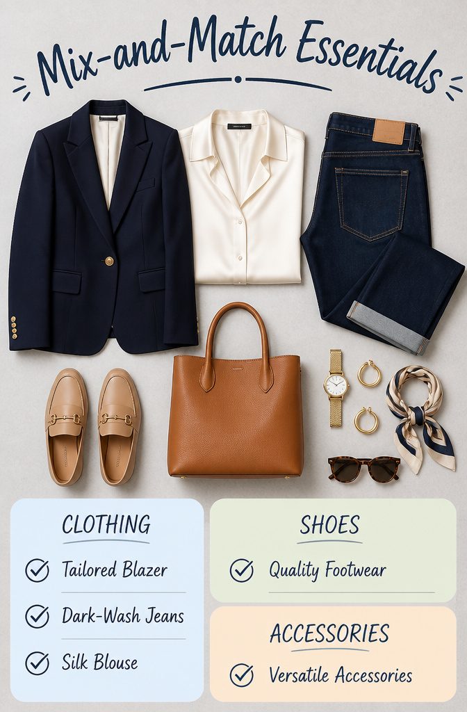 Smart Casual Dress Code: 9 Pieces That Work Every Time 12 A collection of mix-and-match wardrobe essentials displayed neatly.