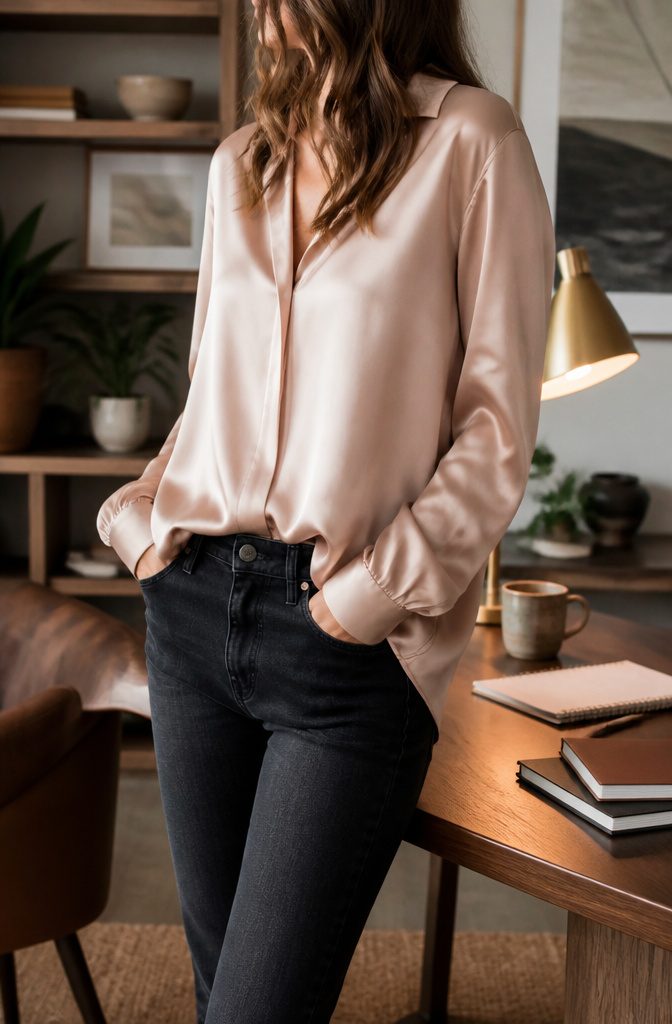 Smart Casual Dress Code: 9 Pieces That Work Every Time 3 A silk blouse draped over dark jeans in a cozy home office setting.